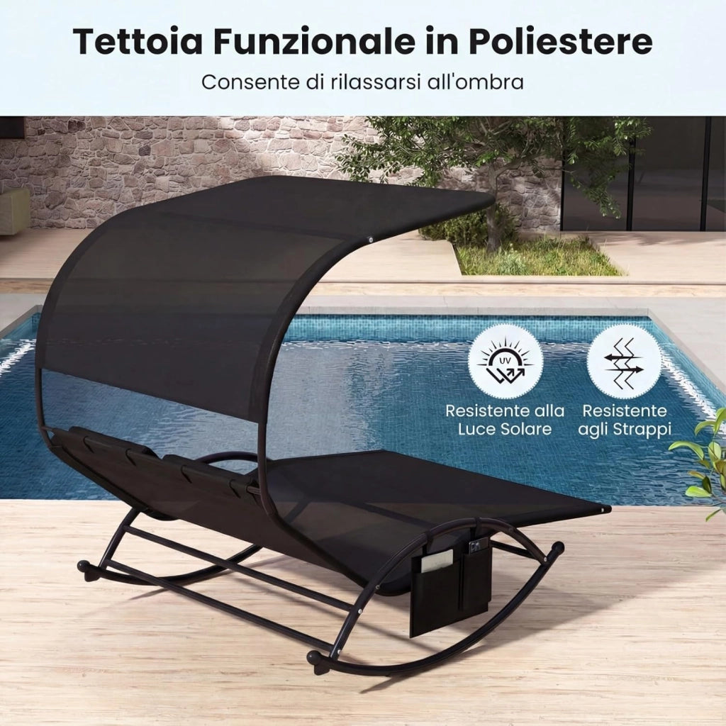 Lettino Prendisole a 2 Posti, Lettino in Tessuto Textilene, con 2 Poggiatesta Staccabili, Sedia a Dondolo da Giardino con Struttura Metallica, Lettino con Tettuccio Portata 300 kg (Nero)
