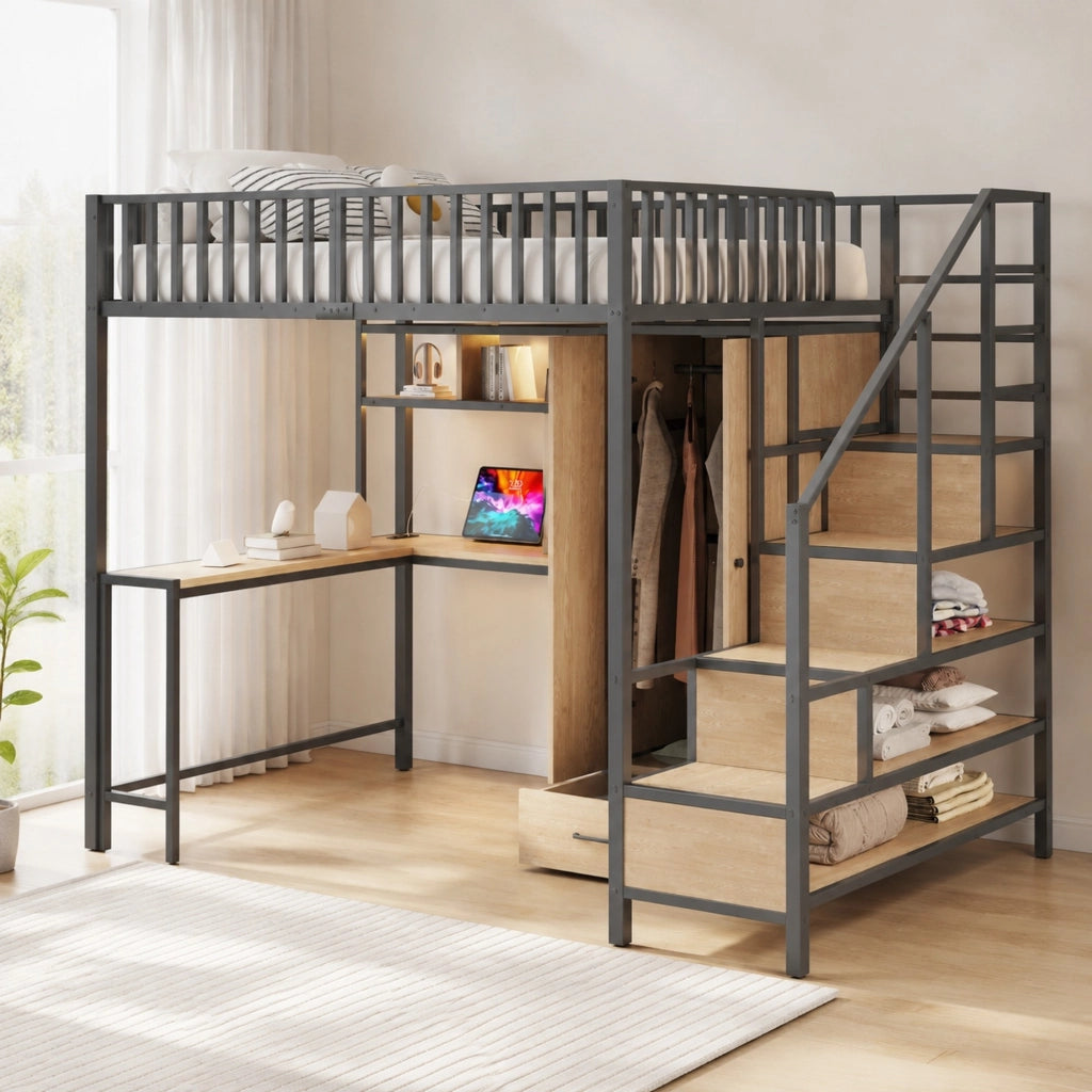 Letto a soppalco in metallo 140x200 cm con scrivania; armadio; LED e prese; nero