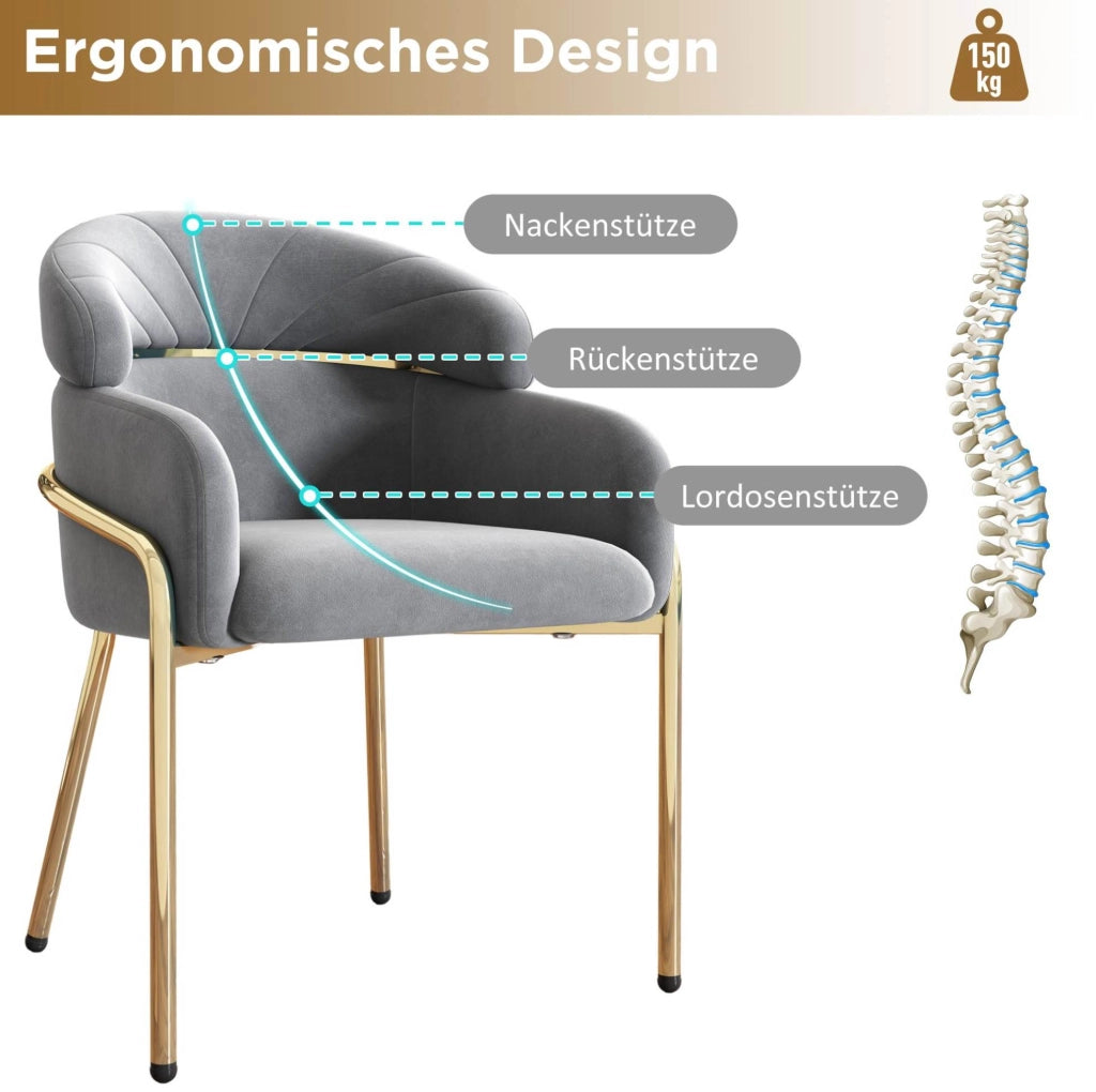 Sedia da pranzo singola in velluto grigio con gambe in metallo; stile moderno