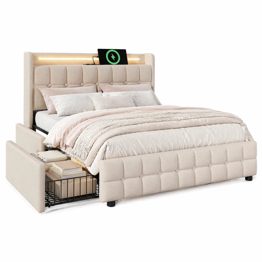 Letto matrimoniale imbottito 180x200 cm con USB; LED e 4 cassetti; beige