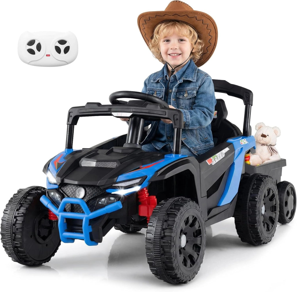 Macchina Elettrica per Bambini UTV con Rimorchio Staccabile, 12V Trattore con Telecomando, Sospensioni a Molla, Luci e Musica, Veicolo Elettrico per Bambini 3+ Anni (Nero)