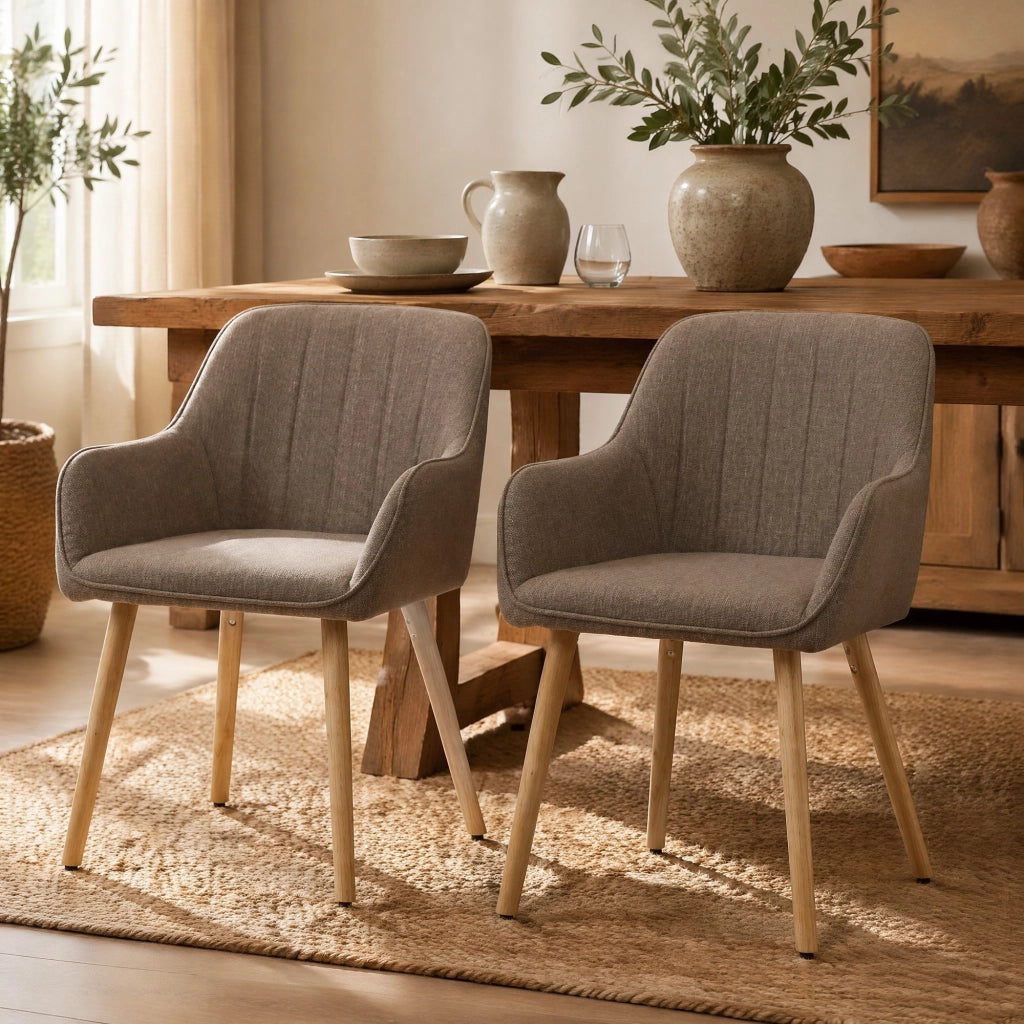 Sedia da pranzo con Braccioli Integrati e Schienale Alto, Design Ergonomico, in Tessuto e Legno, Marrone