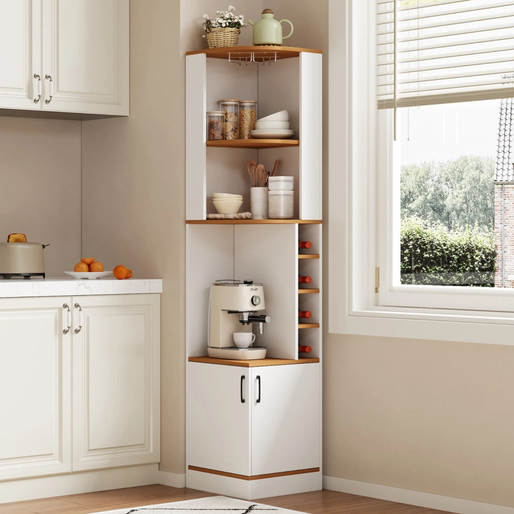 Credenza angolare salvaspazio 40x40x182 cm con portabicchieri, vani per vino e mobiletto chiuso, bianco