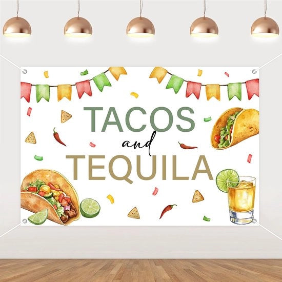 Decorazione di Festa Tacos e Tequila - Banner di Fondo 1,5 x 1 m - Festa con Tema Messicano - Cinco de Mayo - Taco Martedì - Progetto Visivamente Accattivante