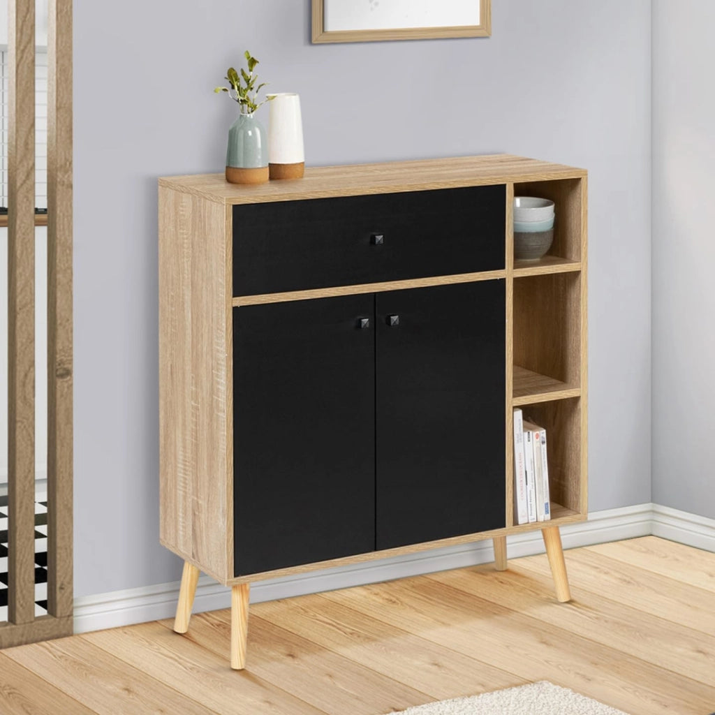 Libreria scandinavo in legno e nero con armadio e cassetto EMMIE