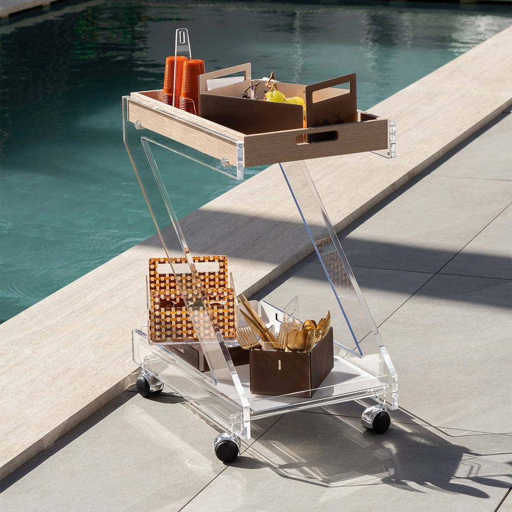 CARRELLO  ZETA IN CRISTALLO ACRILICO TRASPARENTE E LEGNO NATURALE