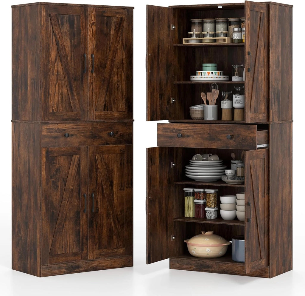 Armadio alto da cucina con 4 ante e 1 cassetto, dispensa in legno con ripiani regolabili, 77 x 39 x 183 cm, mobile per soggiorno, sala da pranzo, bagno (marrone)