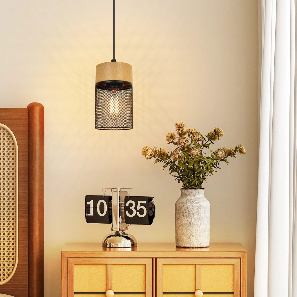 Lampada a sospensione ZMH 1 luce barra legno nero venature per sala da pranzo corridoio e bar
