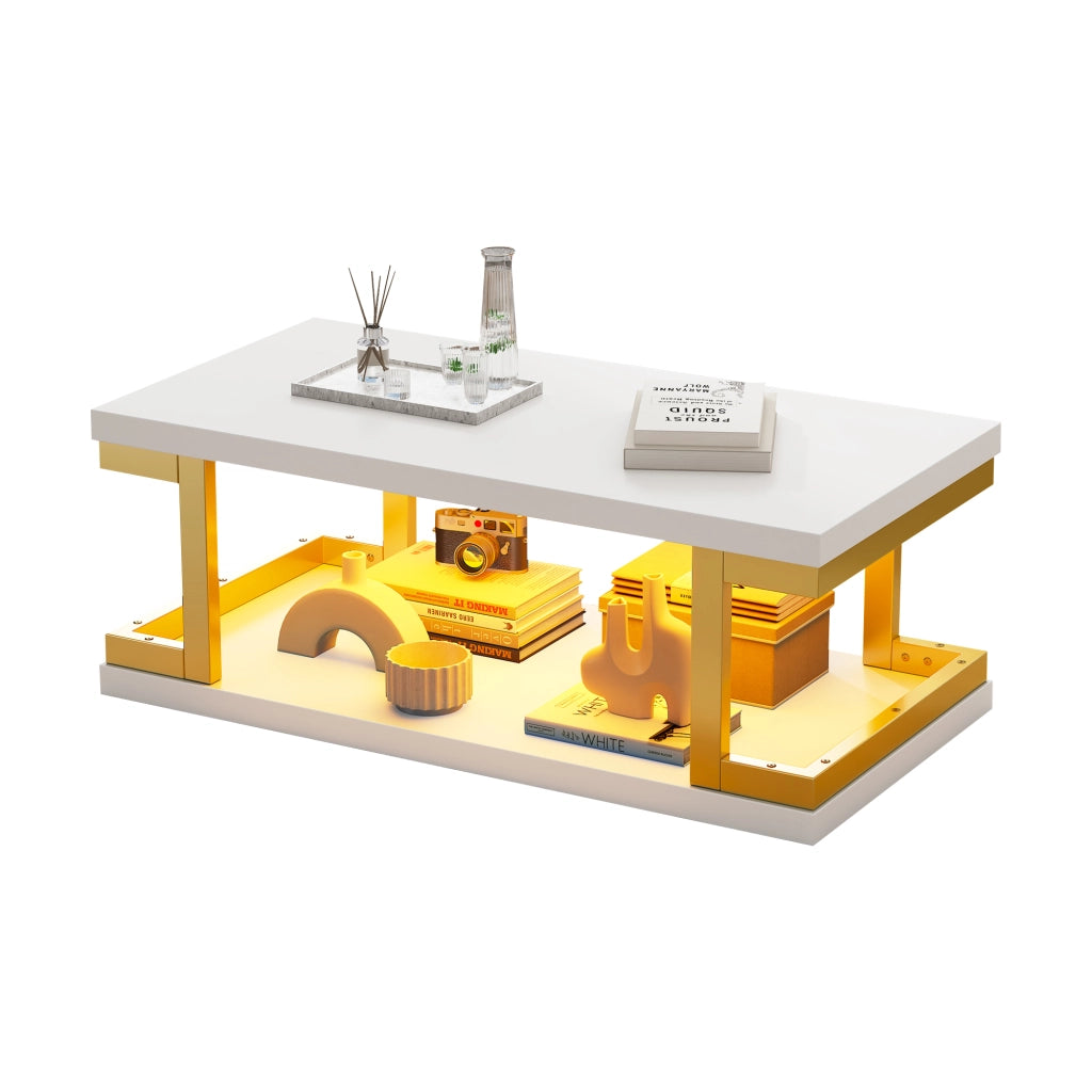Tavolino da salotto rettangolare con LED; ripiano aperto e portata 50 kg per soggiorno 100 × 50 × 37;5 cm