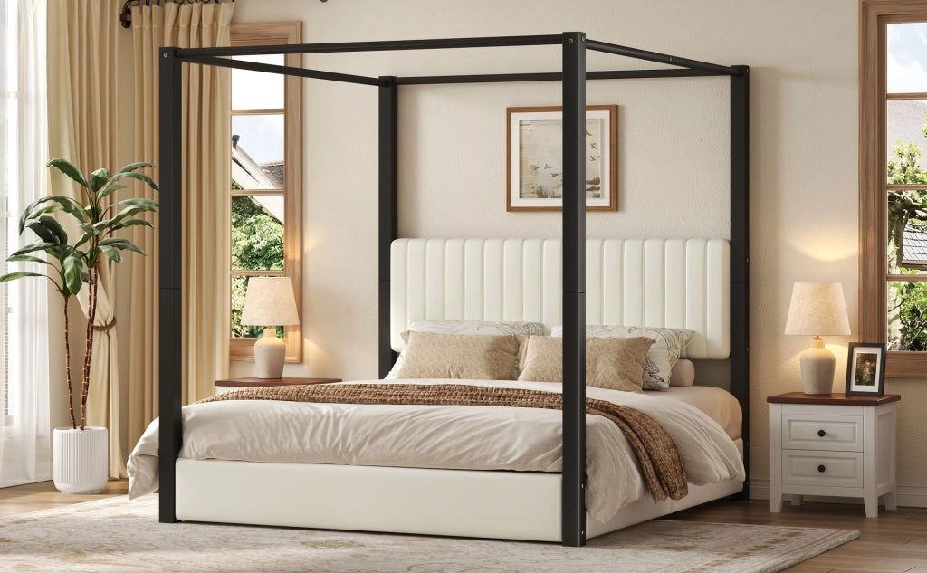 Letto matrimoniale 180 × 200 cm a baldacchino con testiera imbottita, struttura in metallo, senza materasso, beige e nero