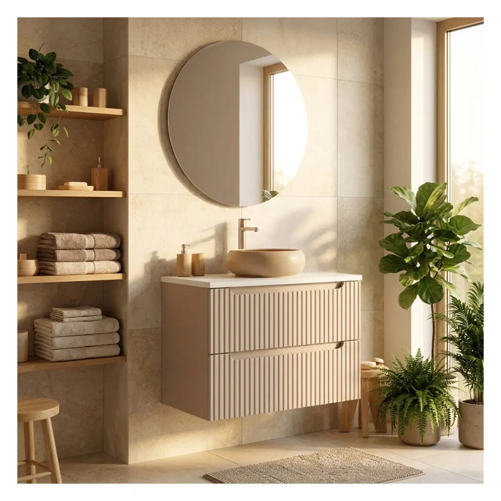 Insieme VANO cachemire e bianco 80cm: mobile sottolavabo con cassetti scanalati verticalmente + piano per lavabo bianco opaco