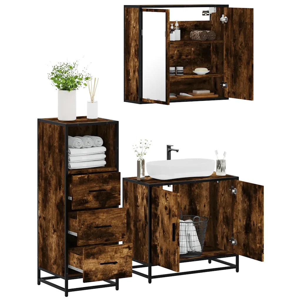 Set Mobili da Bagno 3 pz Rovere Fumo in Legno Multistrato 3301007