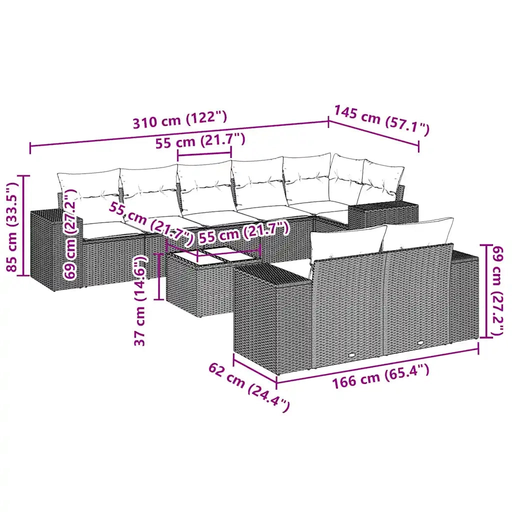 Set Divano da Giardino 9pz con Cuscini Grigio Chiaro Polyrattan