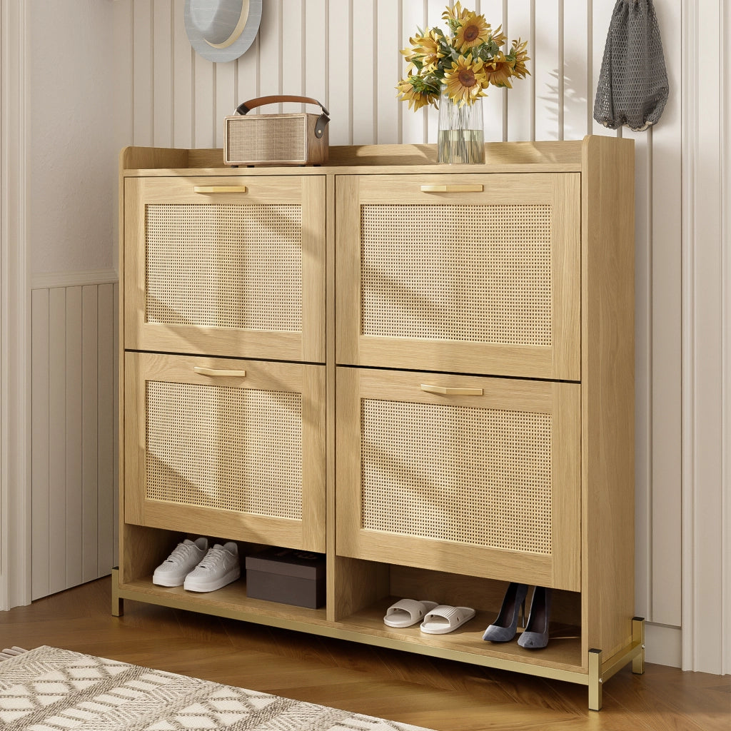 Scarpiera con 4 Ante e Ripiano Superiore; Salvaspazio; Stile Naturale; in MDF; 108;5×24×100 cm; Rovere Chiaro