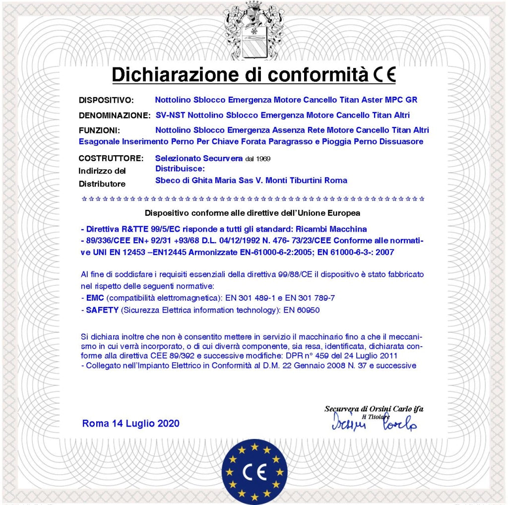 Sblocco Emergenza Motore Cancello Titan Aster Mover MPC E-Gates Linear Barilotto in Alluminio Pressofufo con Foro Esagonale Inserimento Chiave Forata Con Paragrasso e Pioggia Perno Acciaio di Sgancio