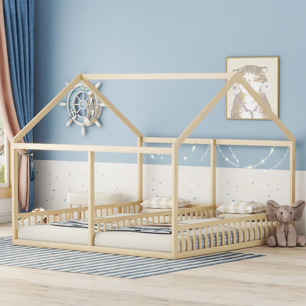 Letto Casetta 2 Posti con Sponda Centrale e Sponde di Sicurezza 90 × 200 cm; senza Materasso; Naturale