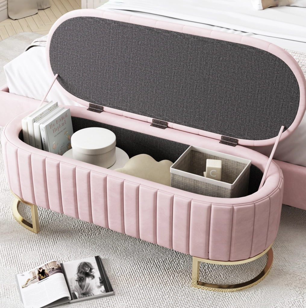 Panca contenitore multifunzionale 120 cm in velluto rosa con gambe in metallo