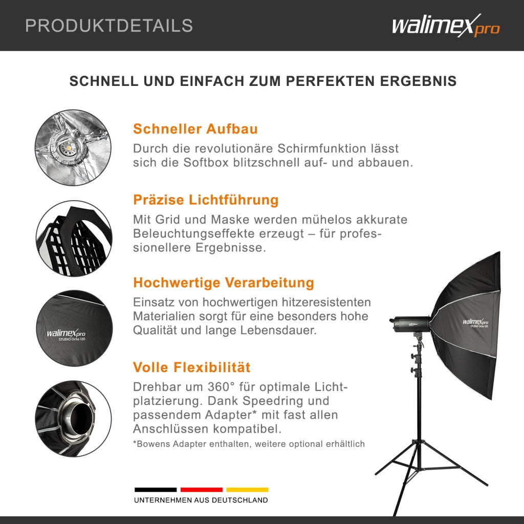 Studio Softbox Octagon 120cm + adattatore softbox per Elinchrom (diametro esterno: 15,2 cm), ruotabile a 360°, facile da montare, include griglia, maschera, adattatore Bowens