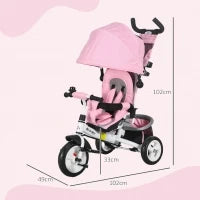 Triciclo per Bambini 1-5 Anni con Maniglione e Tettuccio Regolabile, 102x49x102 cm, Bianco e Rosa