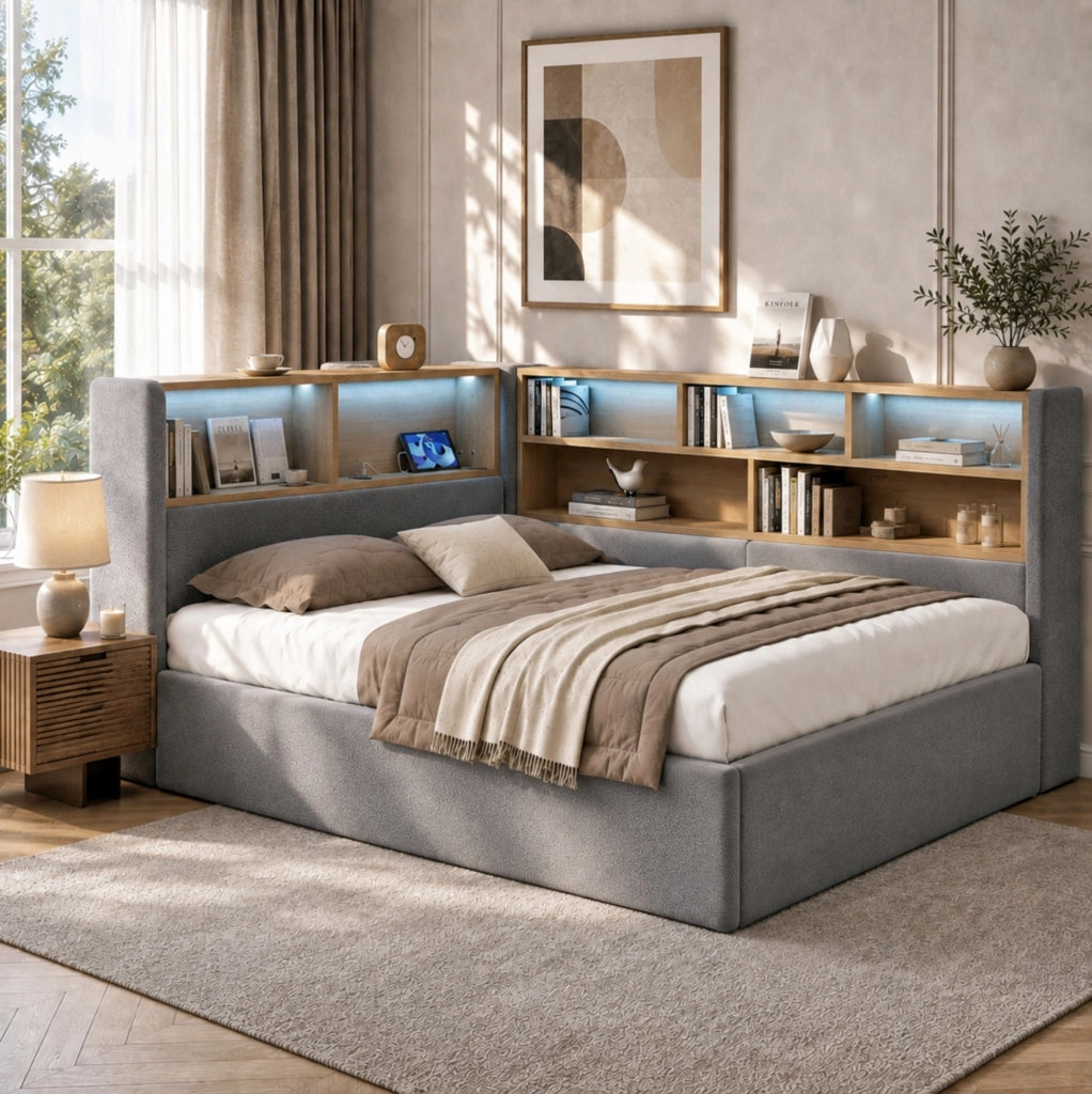 LETTO con contenitore idraulico LED USB e Type-C in velluto grigio