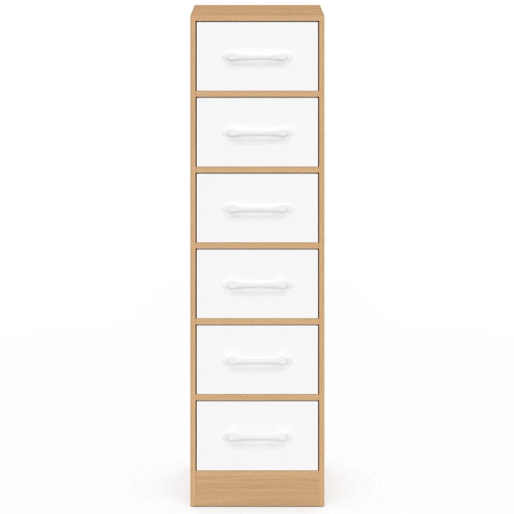 IDMarket - Mobile ausiliario a 6 cassetti UPPAH, cassettiera da 30 cm, mobile contenitore in legno effetto faggio e bianco