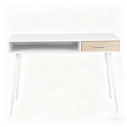 Scrivania con cassetto e vano; per studio; in MDF e metallo; bianco; 110×50×75 cm