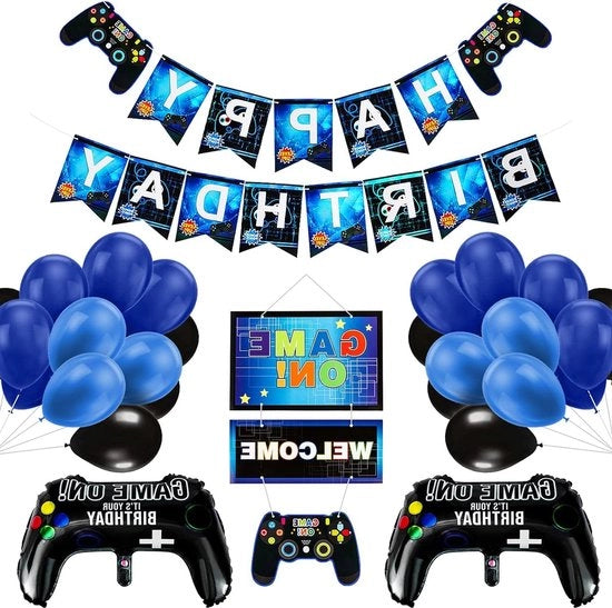 Decorazione di compleanno - Set di decorazioni per giochi per ragazzi - Decorazione di festa per videogiochi - Copertura per controller in forma di palloncino - Palloncini blu e neri - Banner di compleanno - 5 6 7 8 9 anni