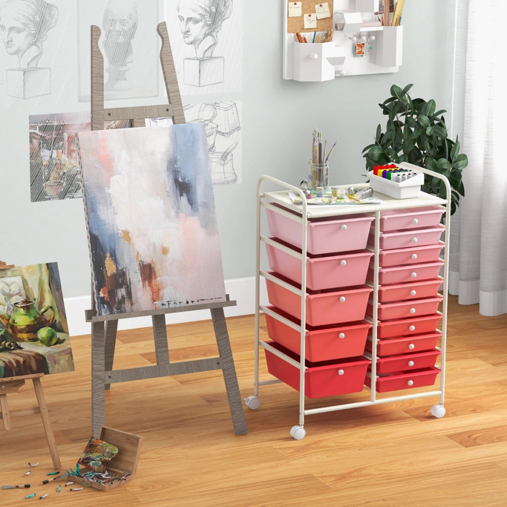 Carrello con 15 cassetti estraibili e ruote con freno, Carrello multiuso per casa ufficio scuola Rosa-Armadi da ufficio