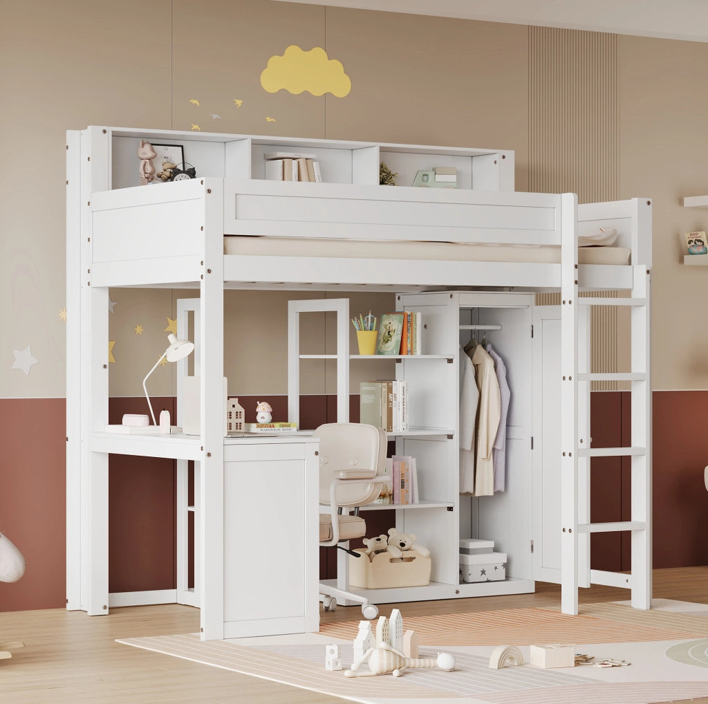 Letto a castello 90x200 cm con scrivania, armadio e scaffali bianco