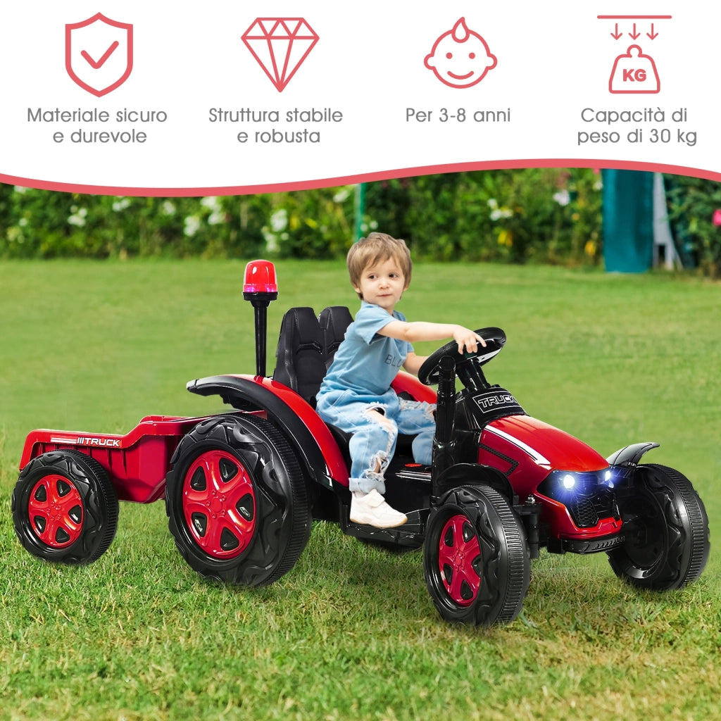 Trattore elettrico per bambini con rimorchio e telecomando, Trattore giocattolo con cintura di sicurezza Rosso-Macchinine giocattoli