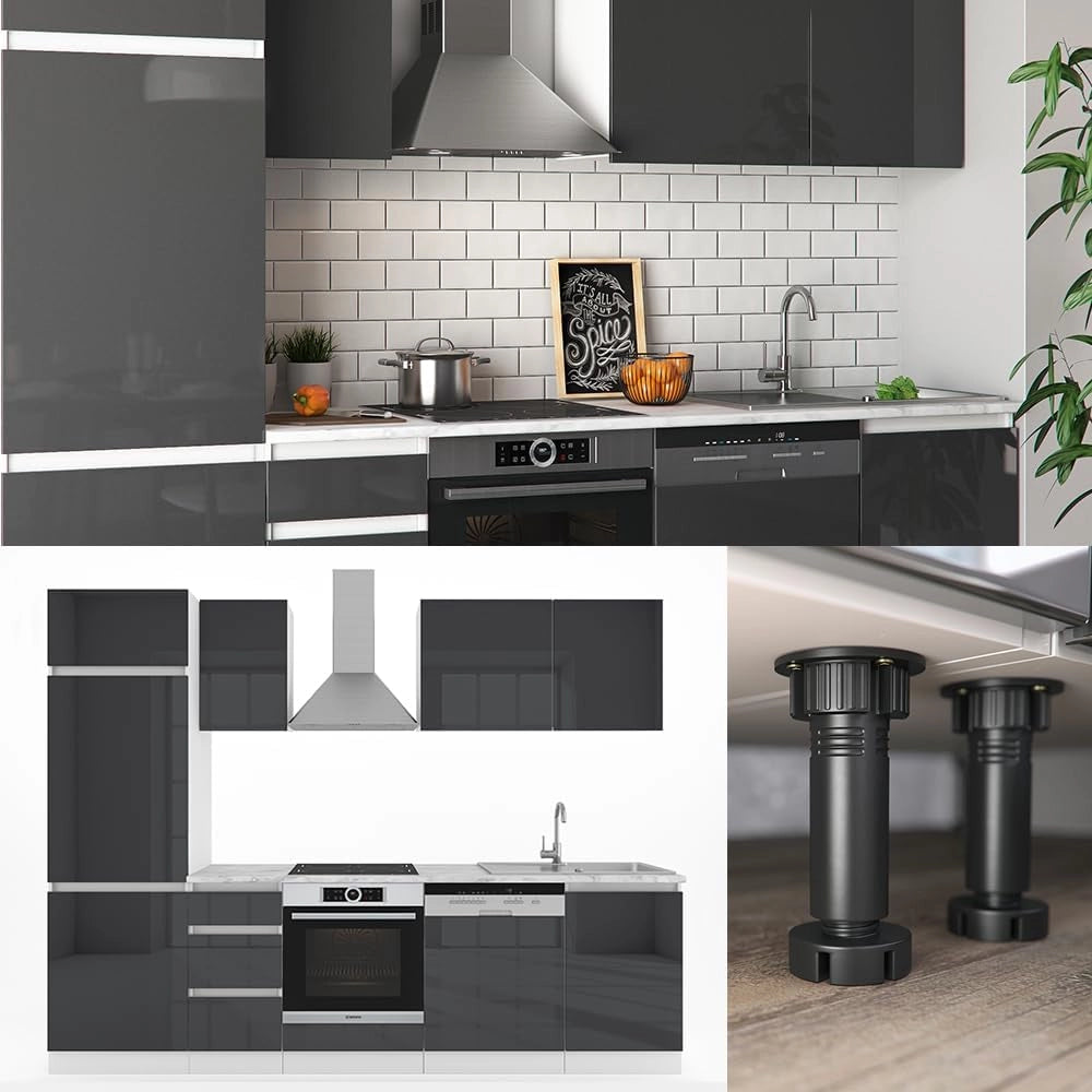 Cucina componibile Optima, Antracite lucido/bianco, 270 cm senza piano di lavoro, senza maniglie con striscia LED, per l'espansione personalizzata e la disposizione flessibile dei moduli