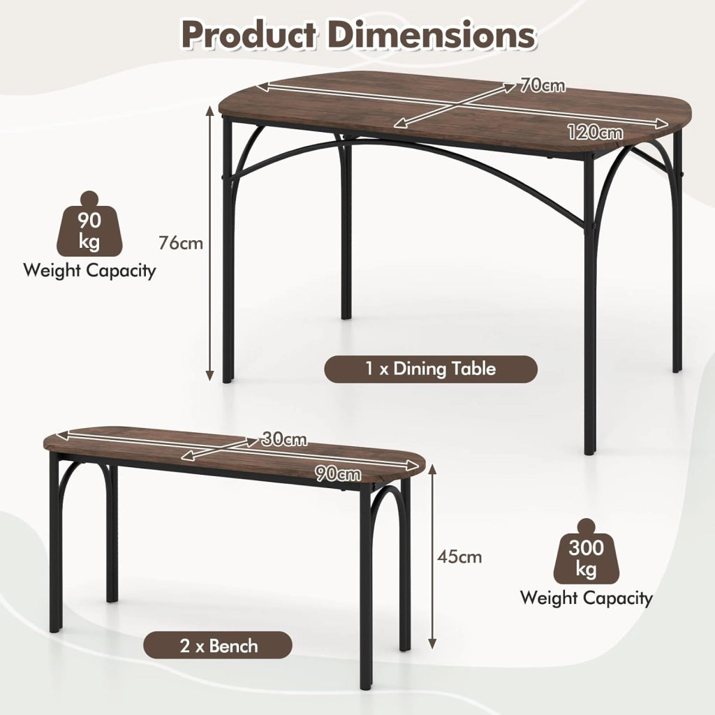 Tavolo da pranzo con 2 panche, tavolo da cucina, set da 3 pezzi, tavolo da pranzo, 70 x 120 x 76 cm, 2 panche da 30 x 90 x 45 cm, sala da pranzo salvaspazio per 4 persone, sala da pranzo