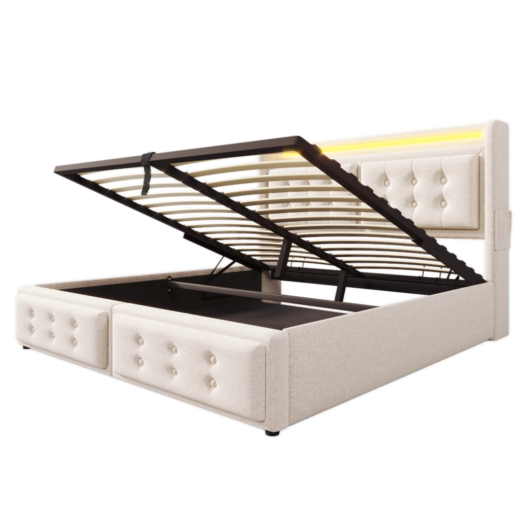 Letto matrimoniale 180x200 cm con contenitore; LED e USB C; tessuto cotone e lino beige