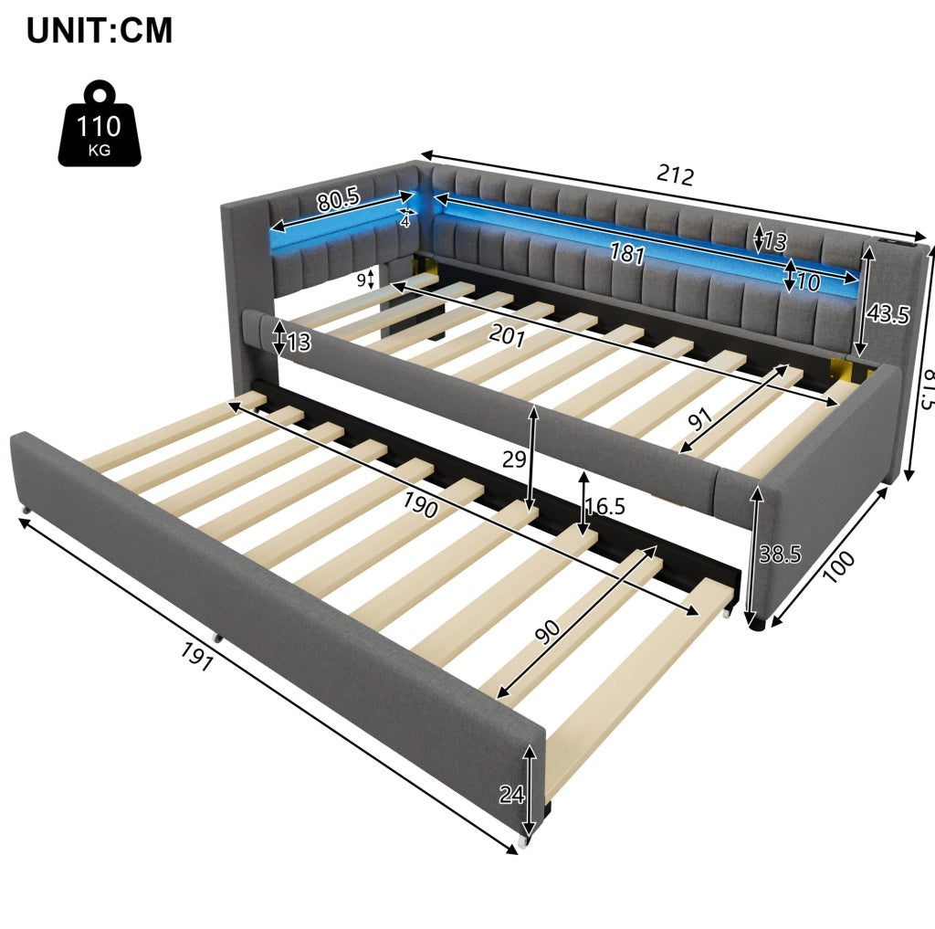 Daybett imbottito con letto estraibile, LED e doppia ricarica