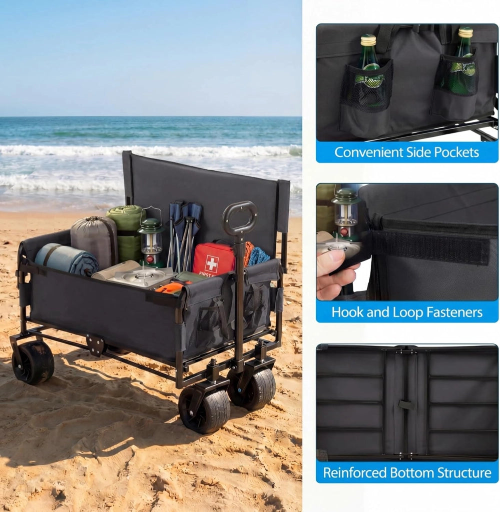 2 in 1 Carrello Spiaggia con Seduta, Carretto Pieghevole con Ruote Grandi e Cuscini Morbidi, Carrello da Campeggio, Giardino e Pesca, in Acciao Resistente, Chiusura Rapida, 80 KG, 85L (Nero)