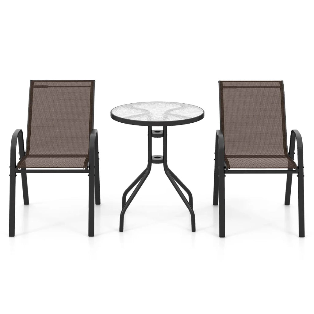 Set da bistrot da giardino set di 3 tavoli rotondi 60 x 60 x 70 cm con sedie ergonomiche impilabili in metallo marrone 20_0011843
