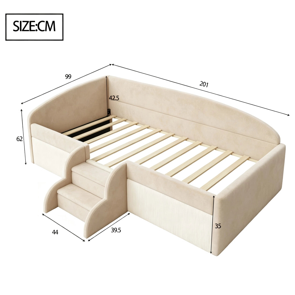 Letto per bambini 90 × 190 cm con scalini antiscivolo, sponde di sicurezza, senza materasso, beige
