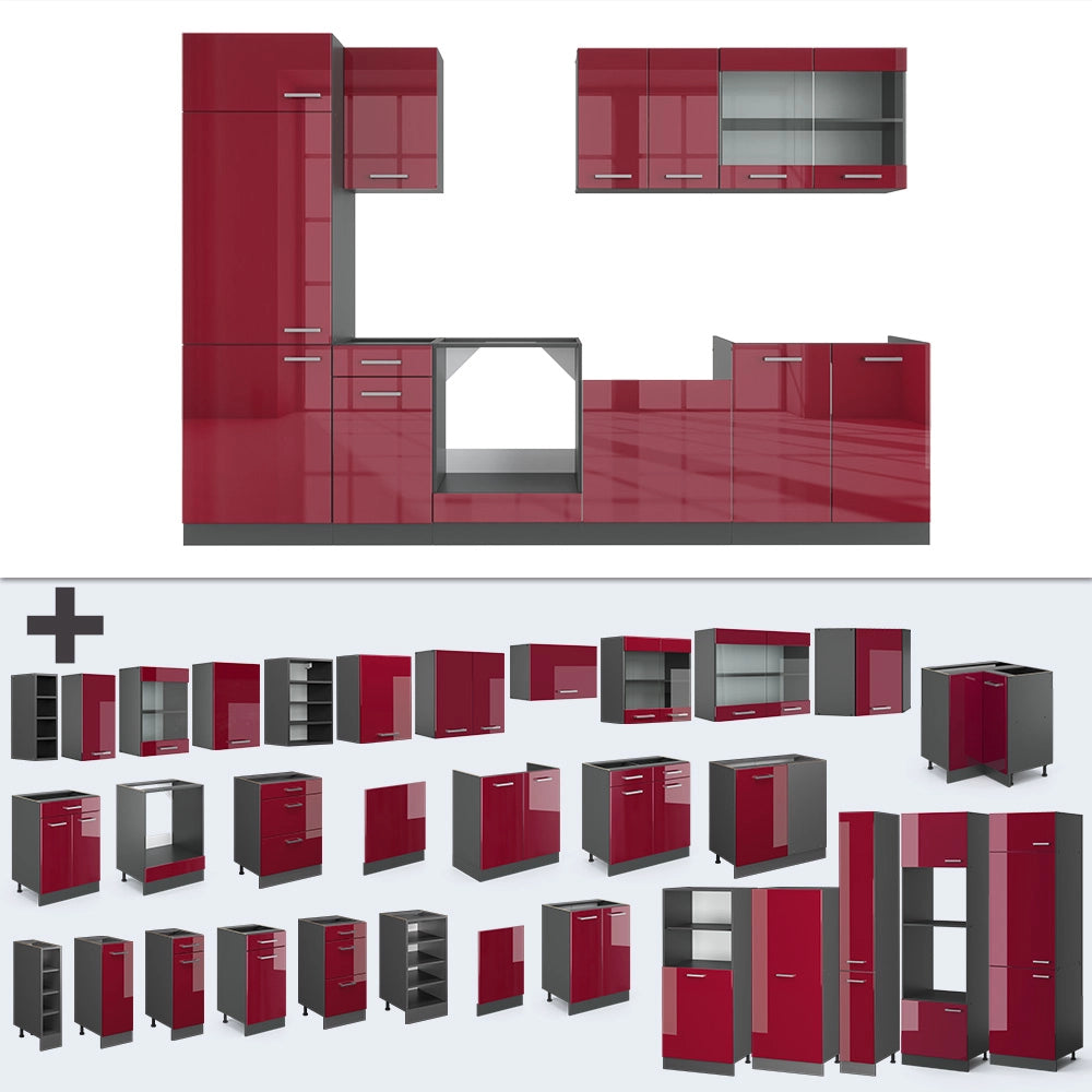 Cucina componibile R-Line Rosso lucido/Antracite 300 cm senza piano di lavoro Vicco