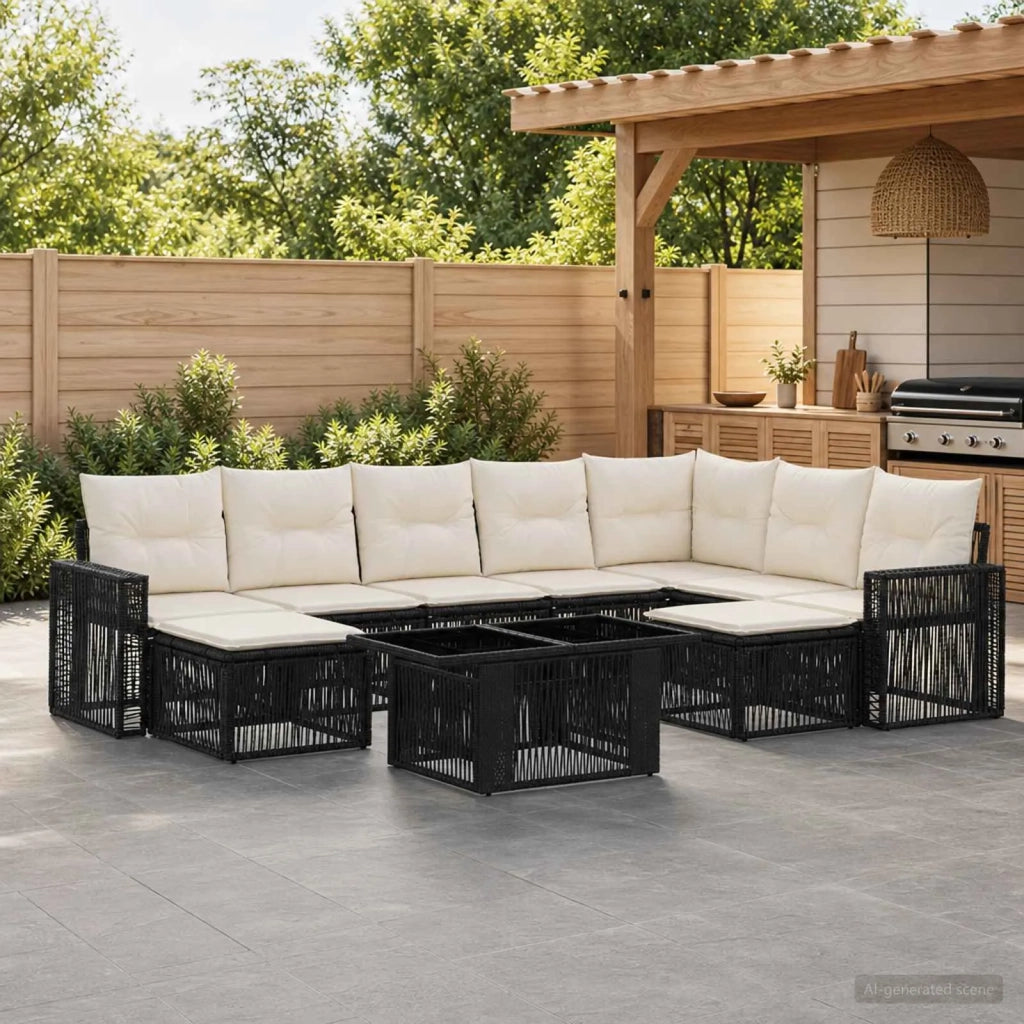 Set Divano da Giardino 10 pz Nero e Bianco Crema polyrattan 3436879