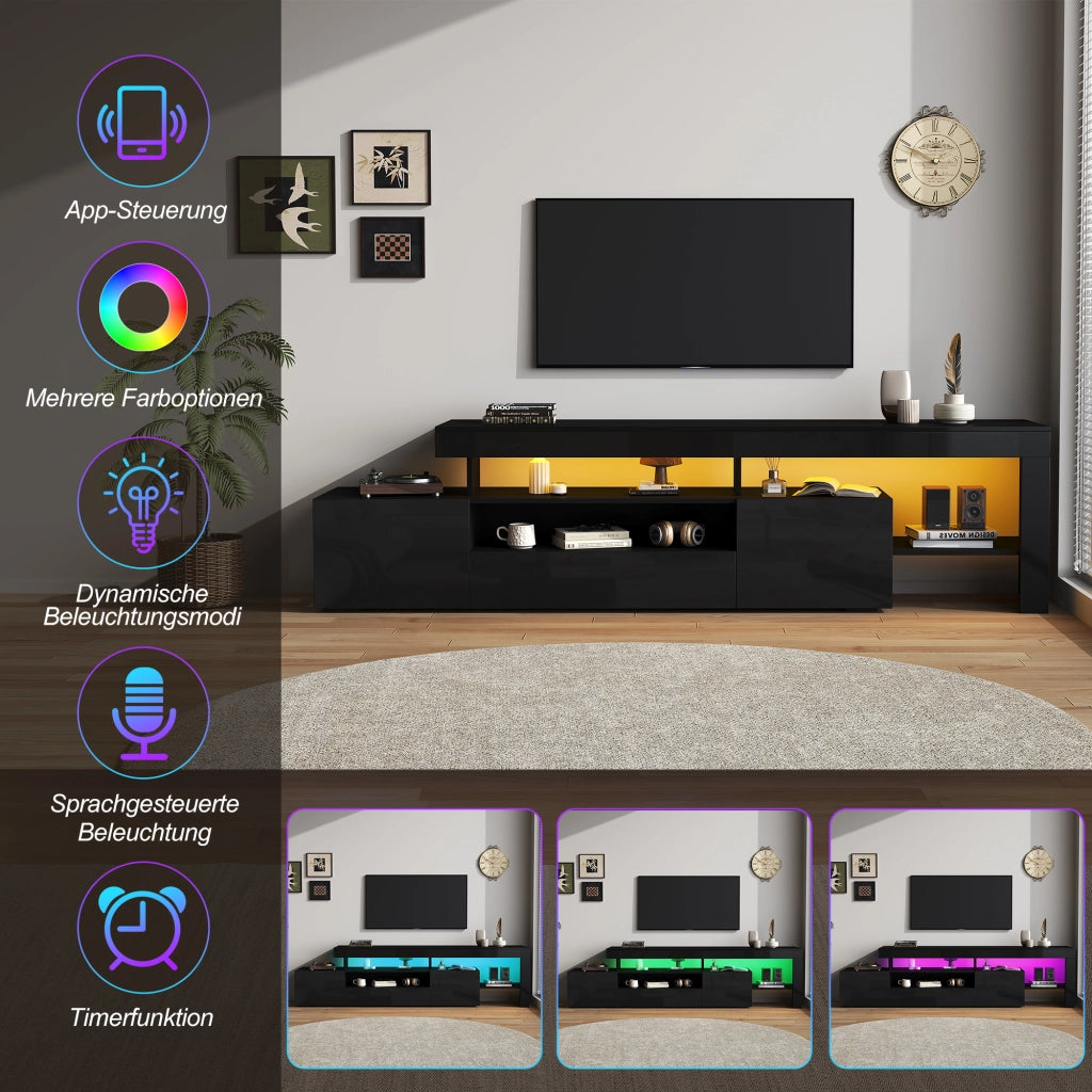 Mobile porta TV con LED, 3 ante e vani aperti, per soggiorno, in pannello truciolare, nero, 192 × 37 × 53 cm