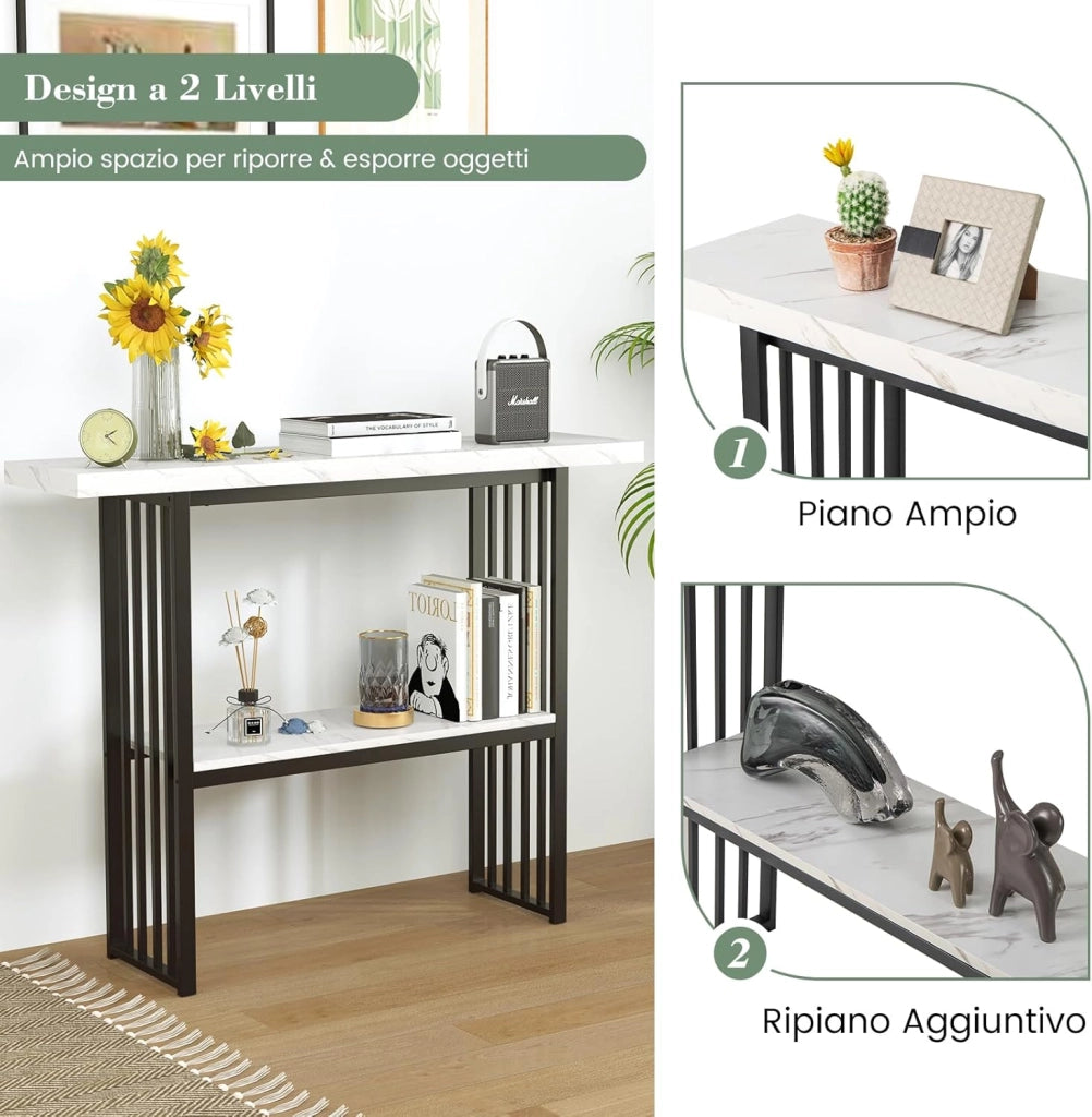 Tavolo da Ingresso Stretto e Compatto, Tavolo da Divano in Finto Marmo con Struttura in Acciaio, Consolle Moderno per Salotto e Corridoio, 120 x 29,5 x 92,5 cm (Nero e Bianco)