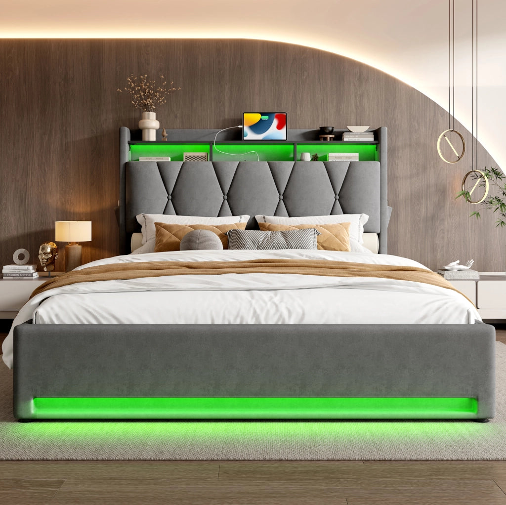 Letto imbottito 160x200 cm con LED e contenitore; testiera portaoggetti in velluto grigio scuro