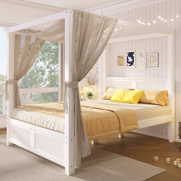 Letto a baldacchino 140 x 200 cm con lamelle verticali in pino e MDF; bianco