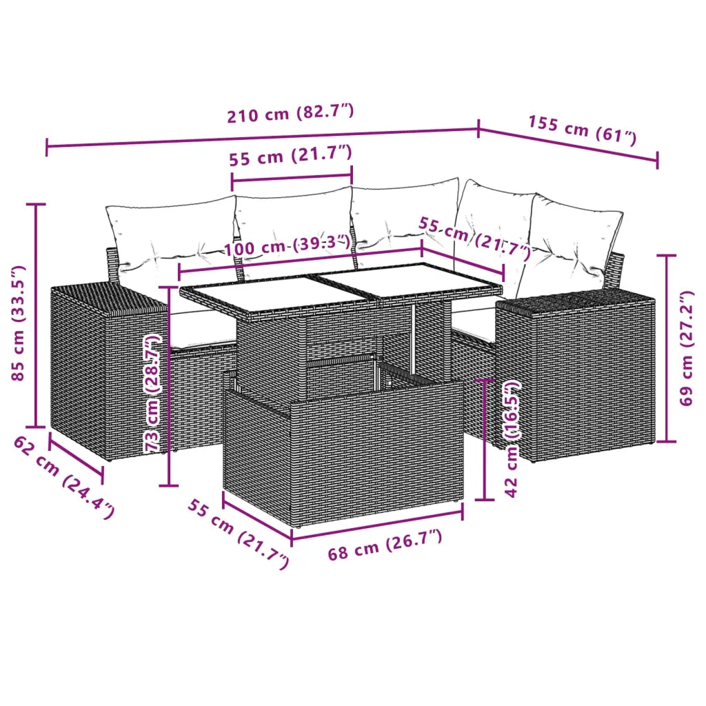 Set Divano da Giardino 5pz con Cuscini Grigio Chiaro Polyrattan