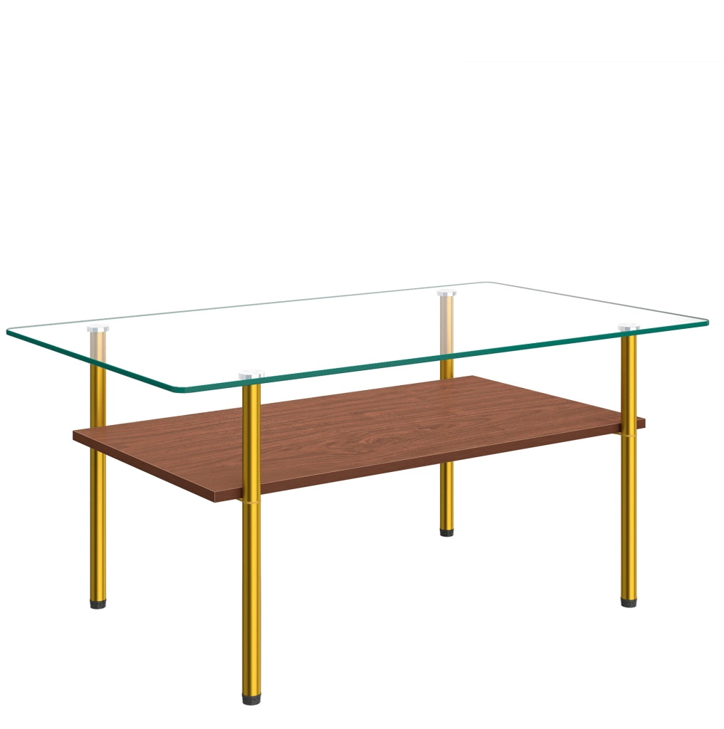 Tavolino da caffè con vetro, ripiano MDF e struttura oro