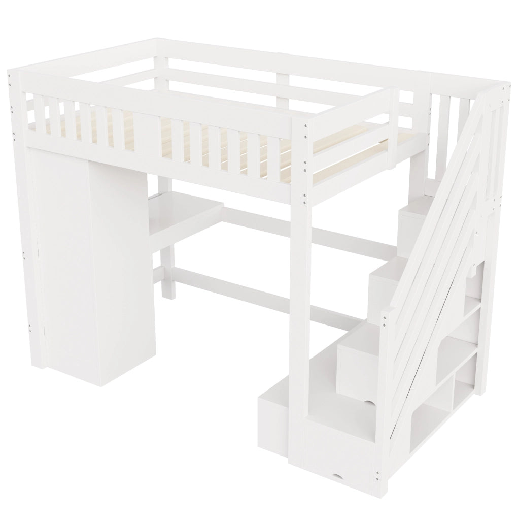 Letto a soppalco multifunzione 140x200 cm bianco in legno con scrivania; LED e contenitori