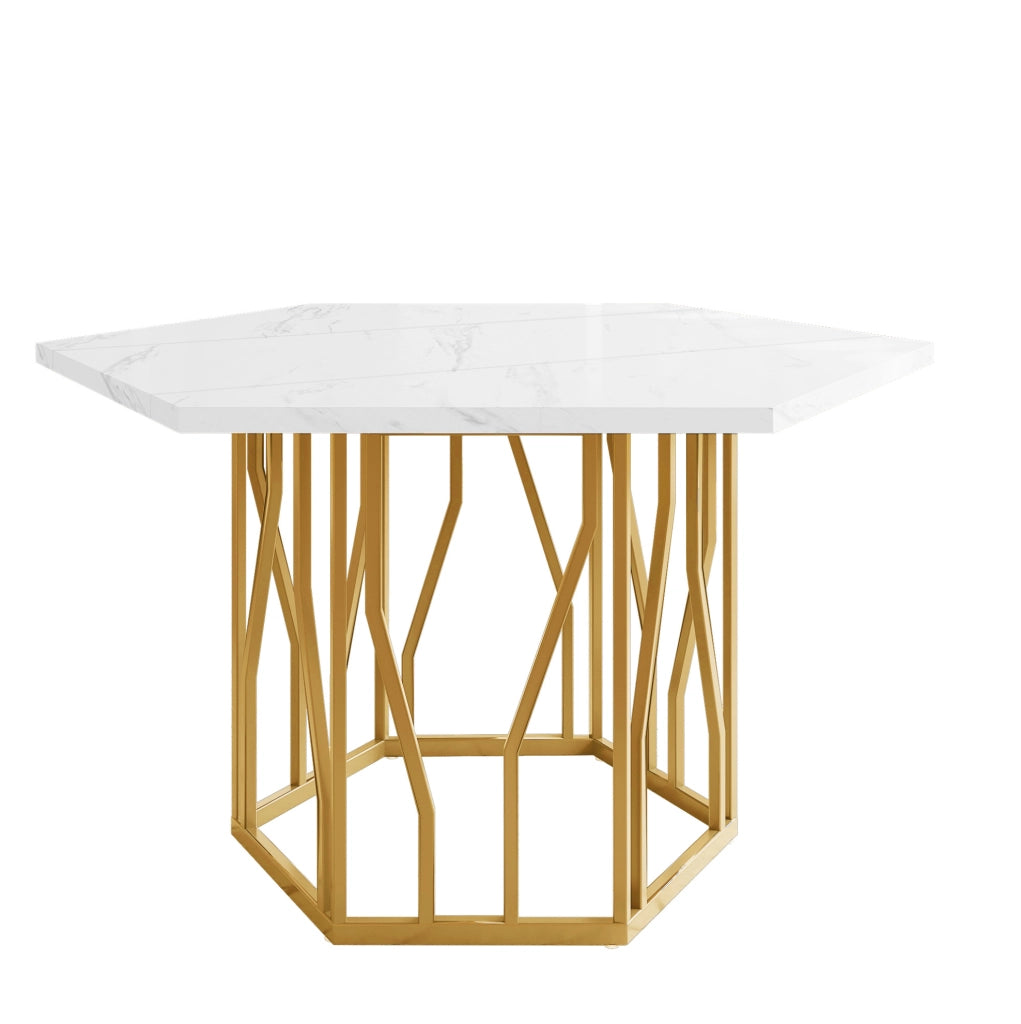 Tavolo da pranzo esagonale 115;5 x 100 cm in MDF effetto marmo bianco con base in metallo oro