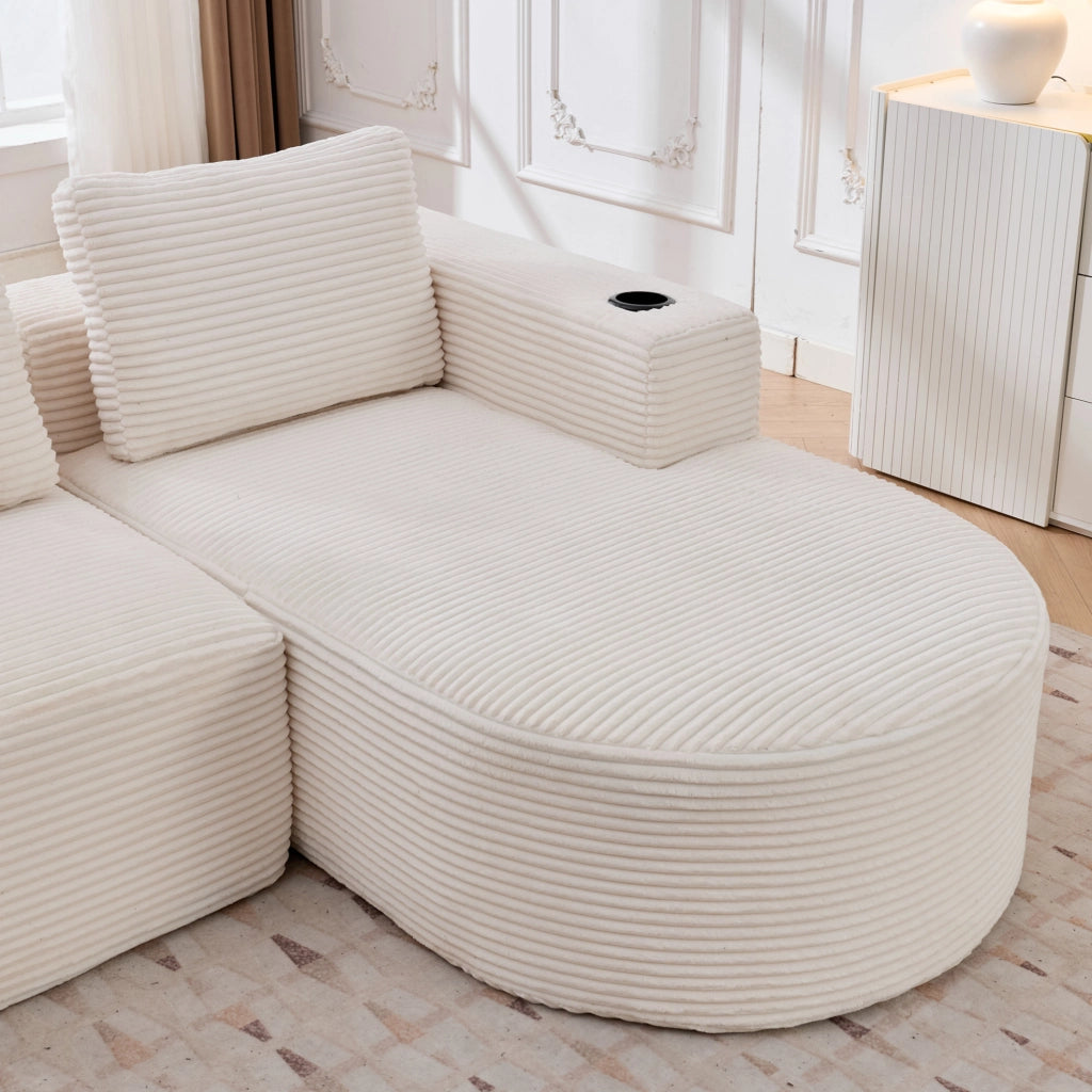 Divano imbottito in poliestere beige con 3 cuscini e portabicchieri HOMVRA