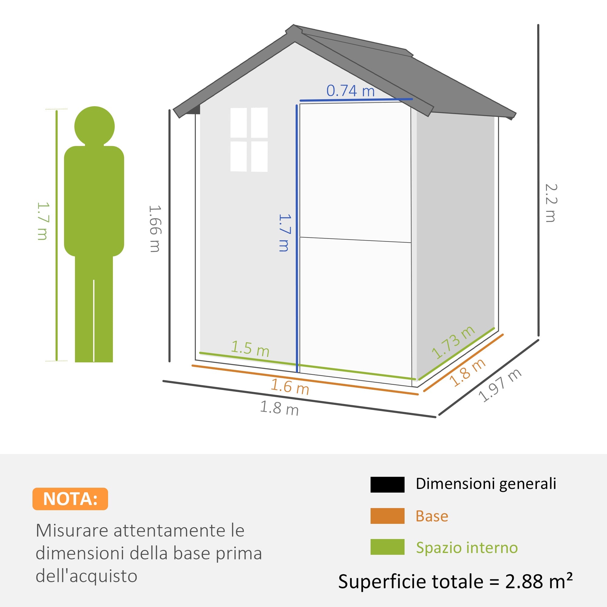 Casetta da Giardino in Legno 1.8x2m con Porta Doppia Finestra e Base Inclusa Colore Legno