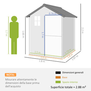 Casetta da Giardino in Legno 1.8x2m con Porta Doppia Finestra e Base Inclusa Colore Legno